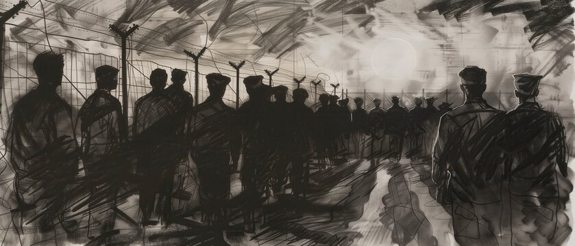 Graphite and style chalk drawing depicting a World War II prisoner of war (POW) camp. It shows silhouetted prisoners, capturing the historical essence of wartime scenes. 