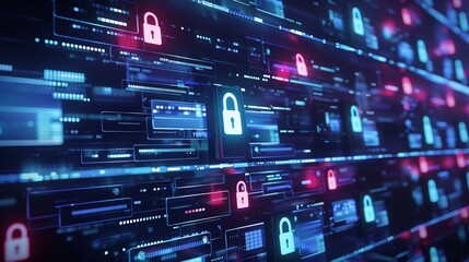 Fototapeta premium Locked Data Files, screen displaying a series of file icons lock symbol.