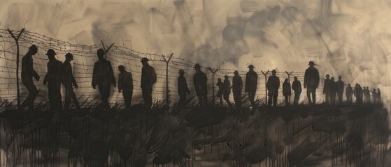 Graphite and style chalk drawing depicting a World War II prisoner of war (POW) camp. It shows silhouetted prisoners, capturing the historical essence of wartime scenes. 