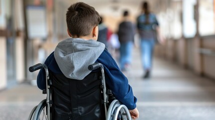 Obraz premium A Boy in a Wheelchair Follows the Crowd