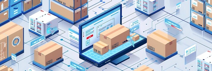 Obraz premium inventory management in action a brown box and a blue building stand tall in the background, while a white and blue clock ticks away in the foreground