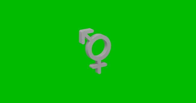 Animation of rotation of a white bigender symbol with shadow. Simple and complex rotation. Seamless looped 4k animation on green chroma key background