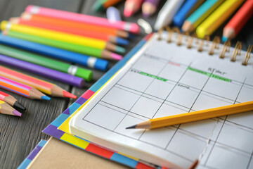 Obraz premium Open page of monthly planner with important date marked and yellow pencil lying on top, surrounded by colorful pencils on dark wooden desk