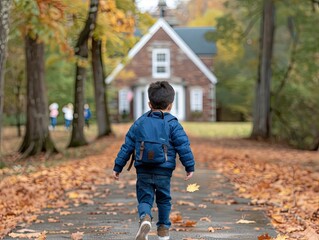 Fototapeta premium A Boy's Autumnal Journey to School