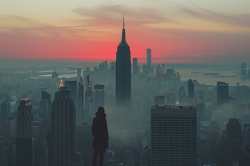 Obraz premium Minimalist city scape of New York, silhouette of the Empire state Building