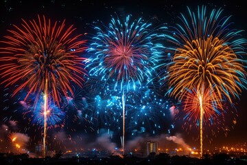 Obraz premium Brilliant fireworks light up the night sky in a dazzling display of red, white, and blue.