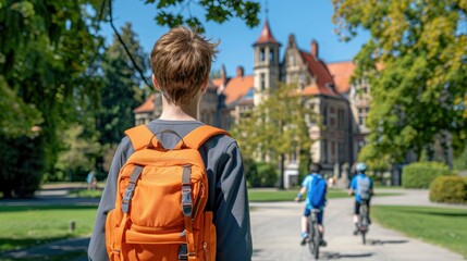 Obraz premium A Backpacker's Journey Towards a Grand European Building