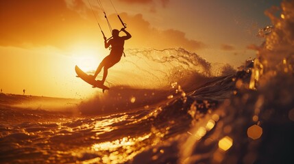 Obraz premium Kitesurfer Gliding Across Waves With Dramatic Water Splash Under Golden Sky For Action Sport And Outdoor Lifestyle Campaigns