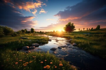 Naklejka premium Landscape nature sunset grassland.