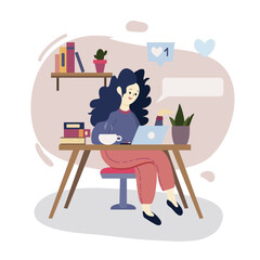 Woman Working From Home on Laptop With Coffee and Plants