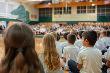 Large group of elementary school students sitting cross legged on gym floor listening to speaker