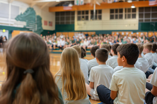 Large group of elementary school students sitting cross legged on gym floor listening to speaker