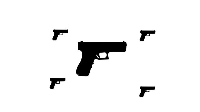 Zoom in and out animation the gun symbol. Large black symbol in the center and four small symbols around. Seamless looped 4k animation on white background