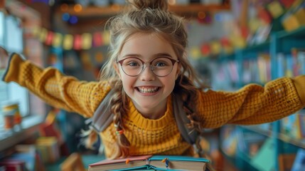 Obraz premium Happy Girl in Library with Open Book - Generative AI