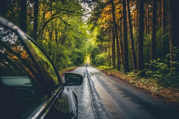 Fototapeta premium Car On Road. Summer Drive through Forested Wooded Area