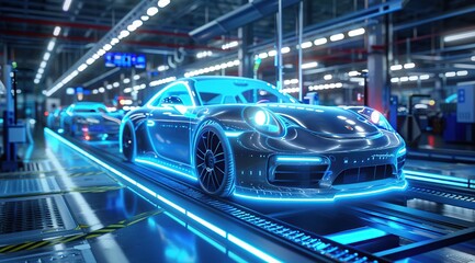 Fototapeta premium Futuristic Car Production Line with Blue Neon Lights