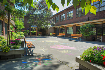 Benches are sitting empty in a sunny schoolyard with chalk drawings on the pavement and lush green plants and flowers