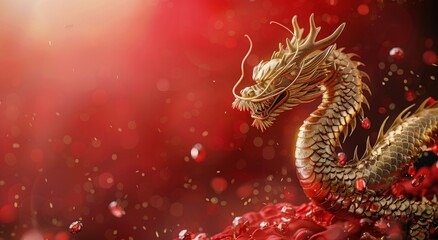 Obraz premium Golden Dragon On Red Background With Sparkling Confetti