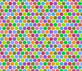 Background of many small colored dots and circles. Backdrop of alternating bright circles different and random colors. Seamless repeat pattern.