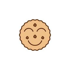 Cartoon round cookie icon with a face and a funny cute smile. Biscuit and cracker symbol. Colored vector illustration on white background.