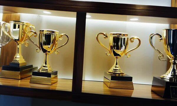 A glass case made of wooden elements, filled with gold and silver trophies.