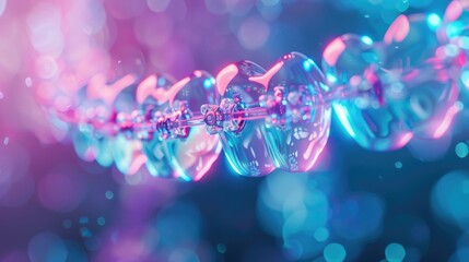 Abstract image of neon pink and blue lights reflecting on clear braces, merging orthodontics with...