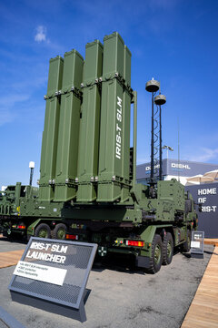 BERLIN - JUNE 06, 2024: MAN SX44 6x6 7-ton IRIS-T SLM launcher by Diehl Defense. ILA Berlin Air Show 2024.