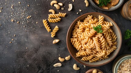 Fototapeta premium Top view of creamy peanut pasta in a small bowl with copy space surrounded by peanuts and peanut butter on a table