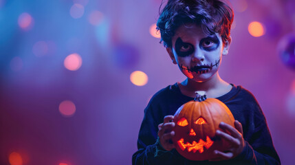 Spooky boy with evil make up and pumpkin halloween party holiday celebration