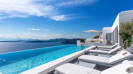 Fototapeta premium Luxurious modern hotel with swimming pool. Sun lounger on the terrace for a country house or hotel. Sea view.