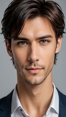 Fototapeta premium Close-up portrait of a handsome man with striking features and a confident expression, well-groomed, piercing eyes, captivating smile, anime style 
