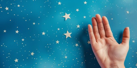 Woman's Hand Holding a Star on Blue Background. Concept of Customer Experience. Service Level. Customer Satisfaction Evaluation. Customer Service, Generative Artificial Intelligence
