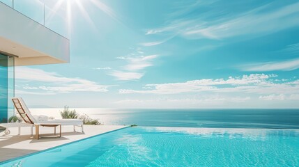 Fototapeta premium Premium Hotel Offering Ocean Views and Pool, Copy Space