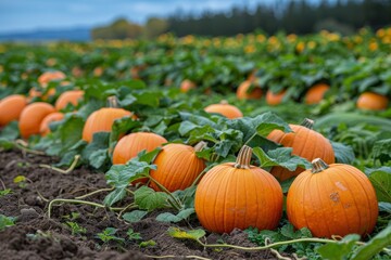 Ripe Pumpkins Growing in a Field on a Cloudy Day