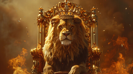 Majestic lion wearing a royal crown sitting on a golden throne surrounded by fire and smoke. Symbol of power, royalty, leadership, strength, king of the jungle, and divine authority.