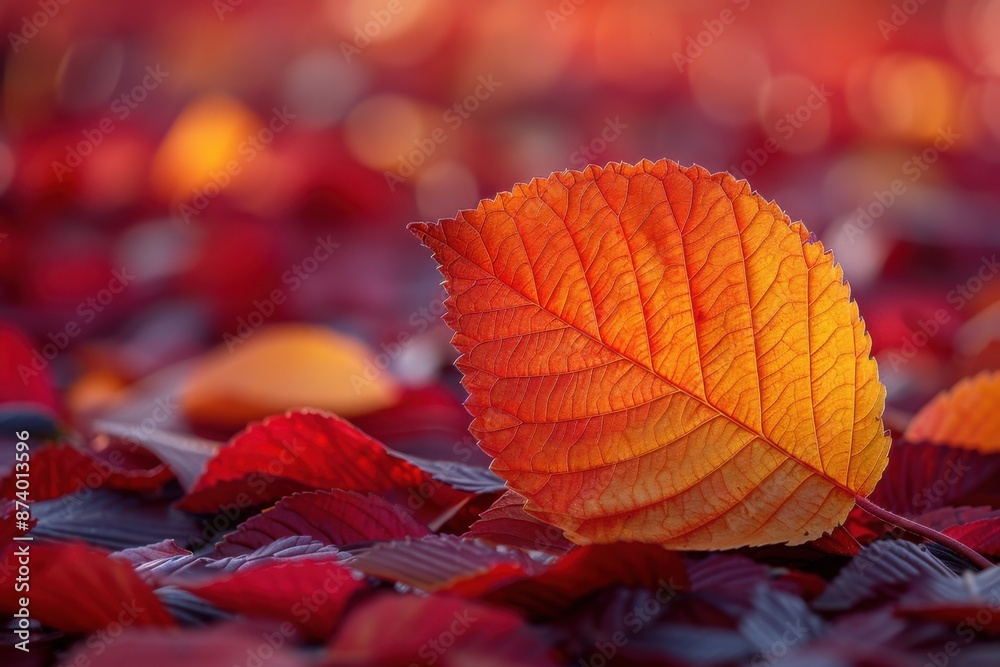 Wall mural serene beauty of nature: vibrant green leaf among red leaves