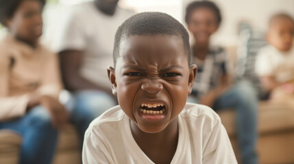 Naklejka premium Young boy expressing anger and frustration in the foreground while family is blurred in the background. Emotion, family dynamics, childhood behavior, expressions, family conflict concept.
