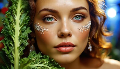 Fototapeta premium Woman with Green Eyes and Glitter Makeup Posing with Green Plant.