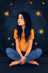 Woman Contemplating Against a Starry Sky