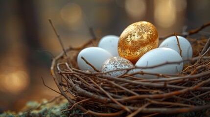 Obraz premium Vibrant Golden Egg Stands Out Among White Eggs in Nest - High-Quality Full-Frame Digital Photograph Capturing Contrast and Uniqueness