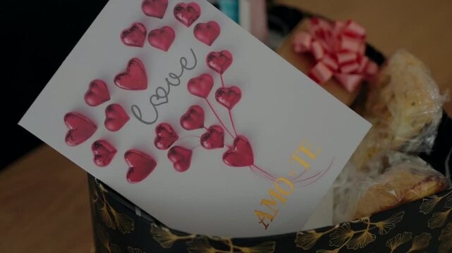 Handmade love card with red hearts and "AMO-TE" message in a gift box with treats