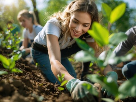 Group of friends volunteering together, planting trees in a community garden, emphasizing teamwork and celebration for International Youth Day