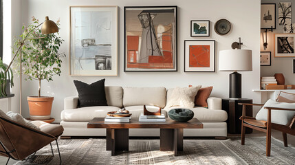 A modern living room featuring a gallery wall with eclectic framed art pieces, cozy furniture, and warm lighting.