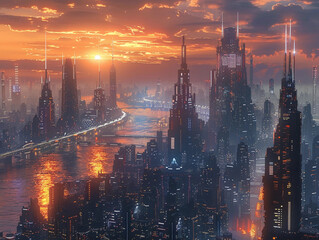 Fototapeta premium Futuristic City Skyline at Sunset