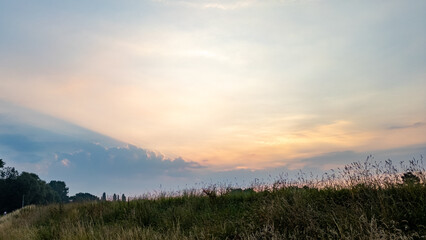 Serene sunset over a calm countryside field, with a soft, pastel-colored sky creating a peaceful scene.