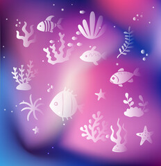 undersea life, coral,plants with fishes, gradient vector background