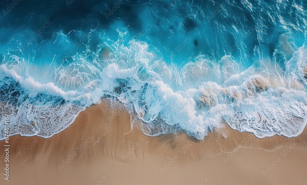 Poster Aerial View of Turquoise Ocean Waves Crashing on Sandy Beach