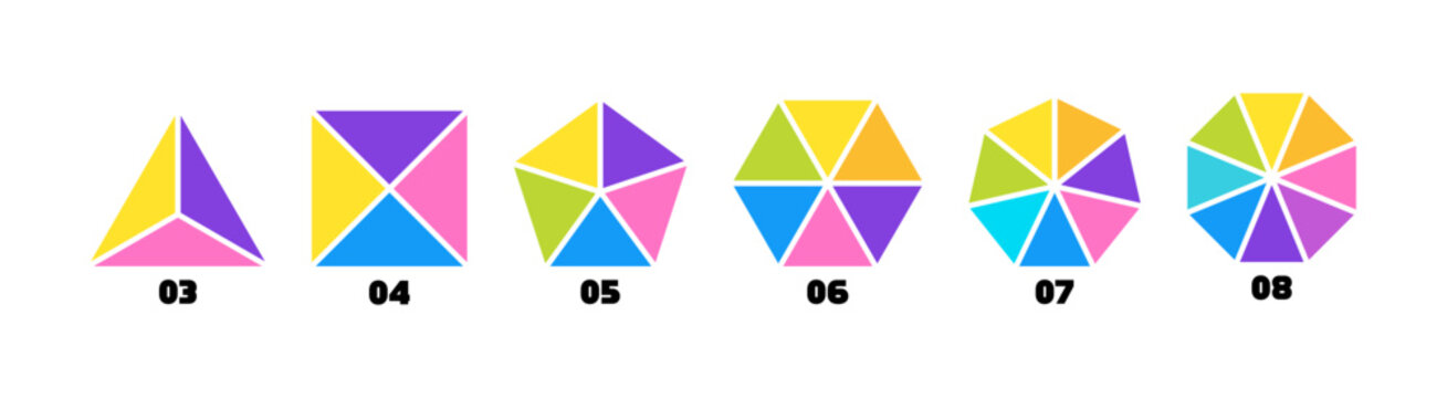 Segmented diagrams of geometric figures such as triangle, square, pentagon, hexagon, heptagon and octagon. Set of figure diagrams with 3, 4, 5, 6, 7 and 8 parts. Vector illustration