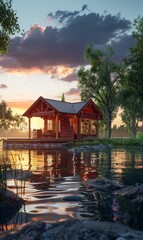 Fototapeta premium A serene lakeside cabin at dusk
