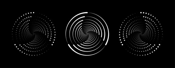 Set of speed lines in circle form. Halftone dotted speed lines. Abstract geometric circles with rotating radial lines who consisting of three sections. Vector illustration
